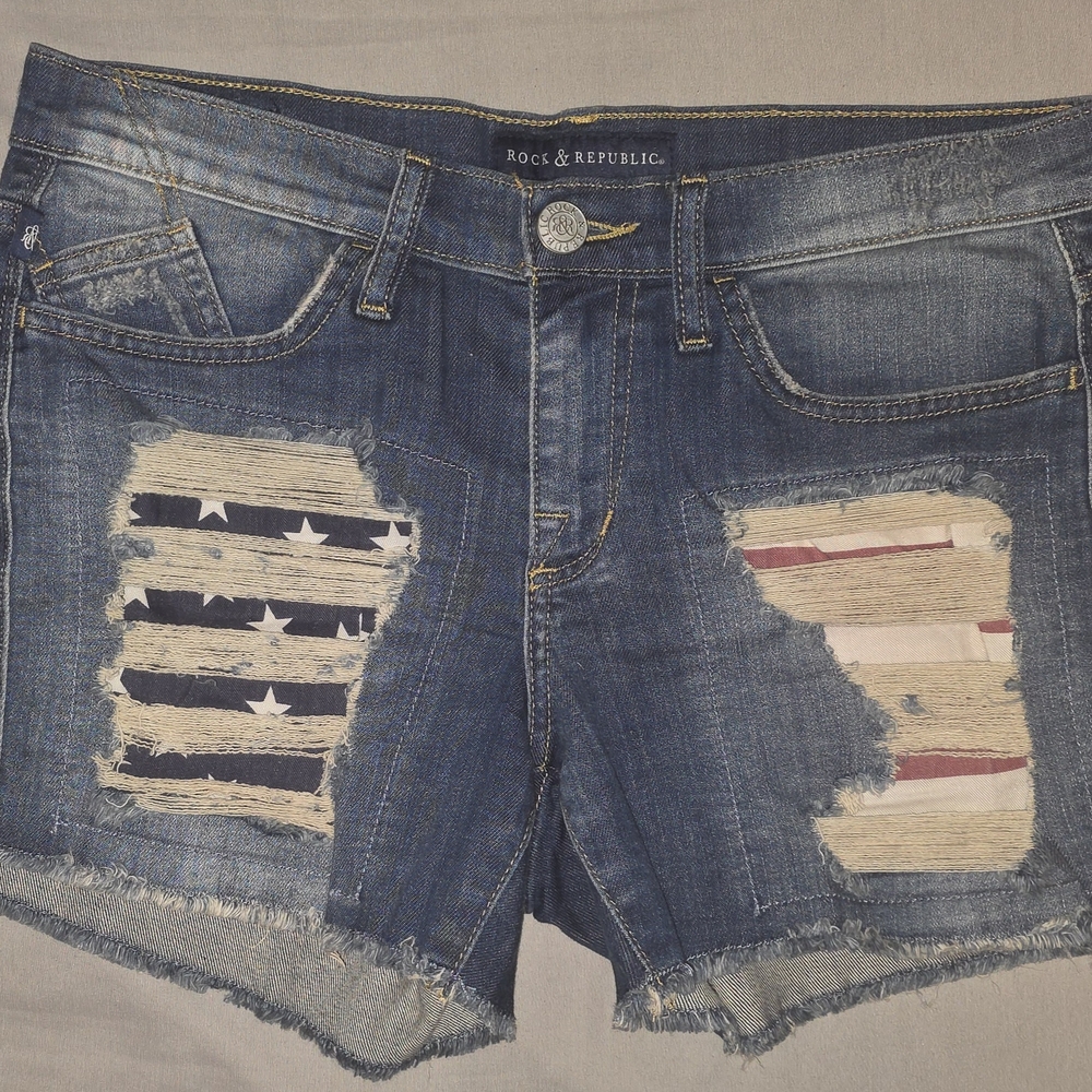 Rock & Republic Blue Jean Shorts with Flag Detail